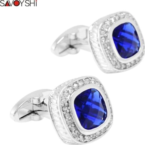 SAVOYSHI Luxury Blue Square Crystal Cufflinks for Mens High Quality French Shirt Cuff buttons Men Accessories Groom Wedding Gift