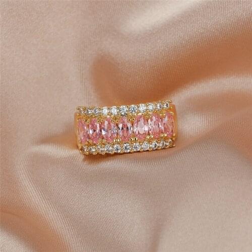 Luxury Female Pink Crystal Stone Jewelry Charm Gold Color Wedding Big Rings For Women Trendy Geometry Zircon Engagement Ring