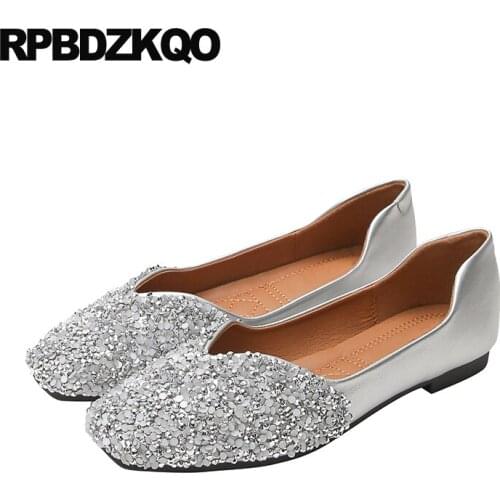 Silver Rhinestone Square Toe Crystal Ballerina Metallic 10 Gold Black Wedding Ballet Shoes Large Size Flats Diamond Women 11