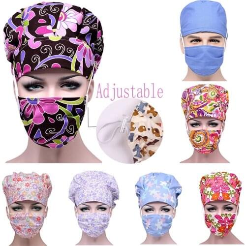 Scrubs Caps Cotton Sweatband Bouffant Hats Pattern Printed Adjustable Workwear Anti-dust Washable Solid Caps Accessories
