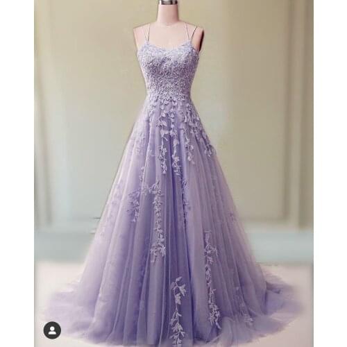 SuperKimJo Lavender Prom Dresses 2021 Spaghetti Strap Lace Applique Cheap A Line Prom Gowns Vestidos De Fiesta