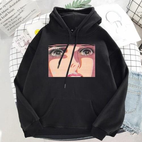 Hoodies Males Sad Retro Anime Crying Eyes Vaporwave Print Hoodie Men Oversize Casual Tops Women Anime Slim Cartoons Sweatshirt