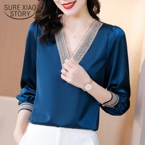 V-Neck Blouse Womens Early Spring 2021 New Style Foreign Style Lace Hollow Quality Wild Thin Long-Sleeved Chiffon Shirt 15865