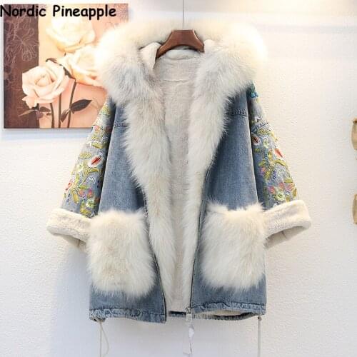 Natural Fox Fur Collar Hooded Fleece Liner Denim Jacket Women Winter Thick Warm Loose Long Embroidery Jeans Jacket Coat Female