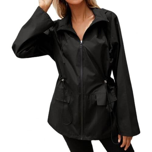 Mountaineering Jacket Hooded Zipper Women Long Sleeve Drawstring Flap Pockets Raincoat for Hiking