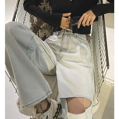 Womens Jeans Korean Style High Waist Casual Loose Wide-Leg Pants Light Blue Street Trousers 2021 New Washed Distressed Jeans