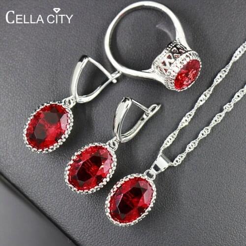 Cellacity 11 Colors Choice Silver 925 Jewelry Sets for Women Oval Gemstones Ring Earrings Necklace Ruby Sapphire Emerald Wedding