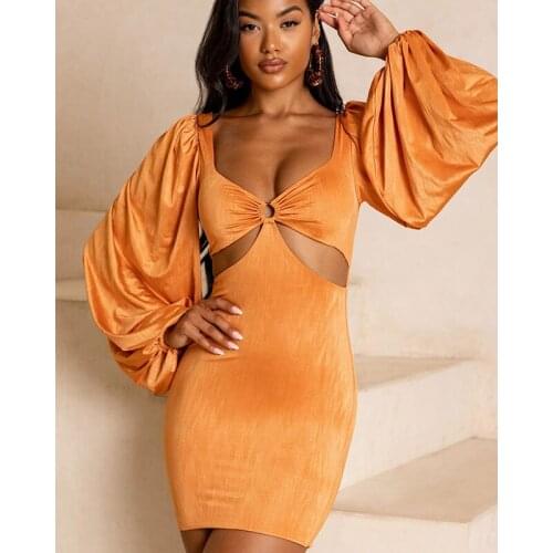 Summer Fall Hollow Out Dress Women V Neck Lantern Sleeve Shirt High Waist Skirt Solid Color Elegant Female Sexy Party Club Wear