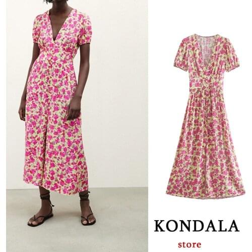 KONDALA 2021 Women Za Dress Floral Printed High Street Short Sleeve V-Neck Maxi Dress Casual Chic Mujer Vintage Y2k Vestidos