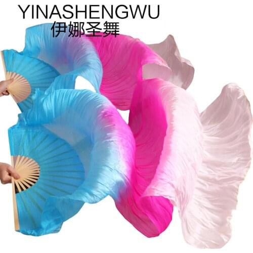 1 Pair Dance Fans Bamboo Ribs Natural Silk Stage Performance Props Dye Fans Women Belly Dance Silk Fans turquoise+rose+white