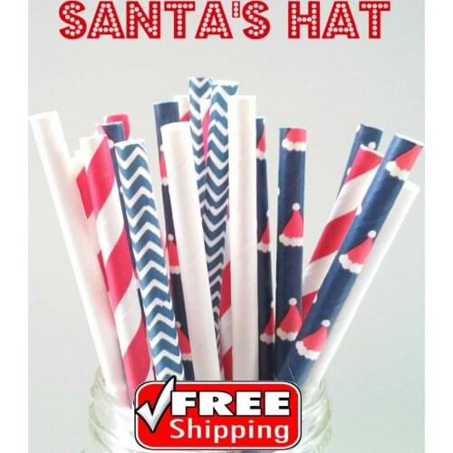 200pcs Mixed 4 Designs SANTAS HAT Themed Paper Straws-Navy,White,Red-Chevron,Plain,Striped,Christmas Hat Holiday Party Decor