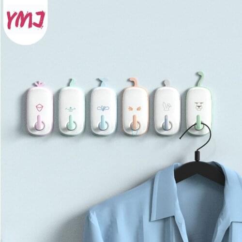 6pcs Multifunction No trace Plastic Towel Hooks Cartoon Family Hanging Hooks Kitchen Wall Door Hats Bag Key Adhesive Wall Hanger