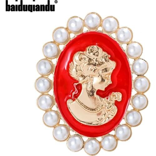 Baiduqiandu Enamel Women Cameo Brooches Surround With Simulated Pearls 6-Colors Wedding Casual Pins Gift Clothes Accesseries