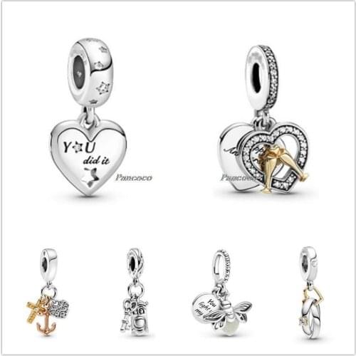 Authentic 925 Sterling Silver Triple Tone Cross Heart Anchor Dangle Charm Beads Fit Women Pandora Bracelet & Necklace Jewelry