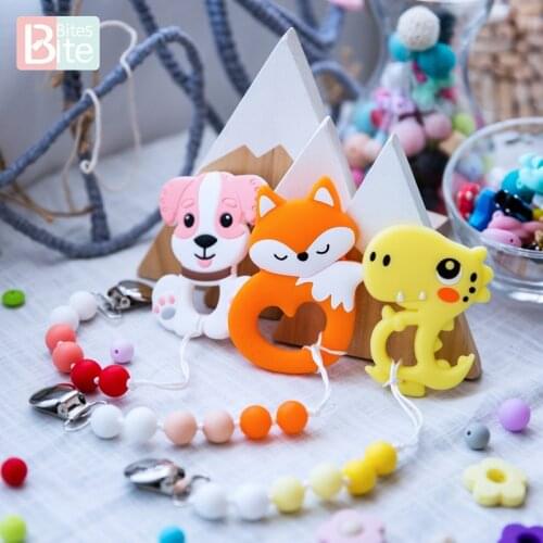 Bite Bites 1pc Pacifier Clip Chain Baby Silicone Teether Fox Animal Soother Clasp Food Grade Perle Silicone Rodent Nipple Holde