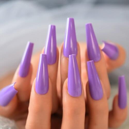 Purple Color Fake Nails Unique Nail Art Tips Extra Long Stick On Nails Coffin Shape Press On Nail 24 pcs