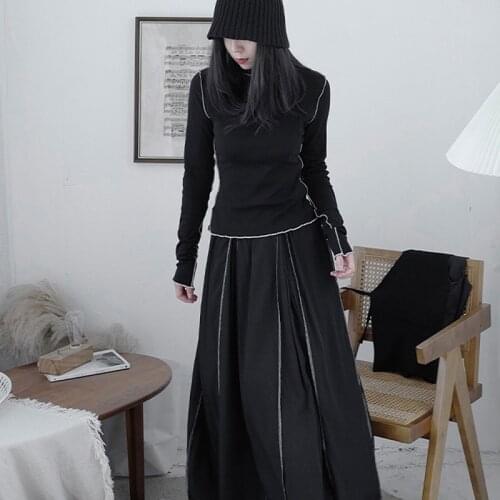 GA Brief Women Short T-shirt Black White Line Spliced Casual Turtleneck Long Sleeve Fashion Tide Spring Autumn 2021 Female Tees