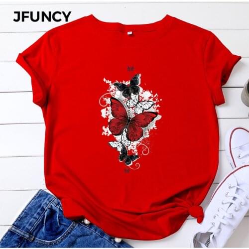 JFUNCY 2021 Summer Women T Shirt Woman Short Sleeve Cotton Tops Butterfly Print Tshirt Plus Size Casual Loose Female Tees