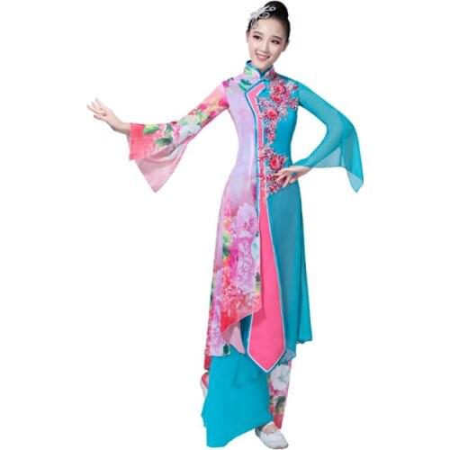 Classic female elegant new summer Fan Umbrella Dance Jiangnan ethnic folk stage performance adult Customized dress quality fine