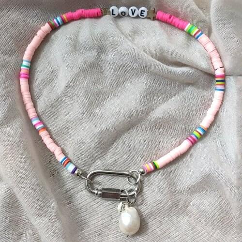 Bohemian soft clay short necklace pink cute love chain for girl valentine birthday gift baroque pearl dangle delicate jewelry