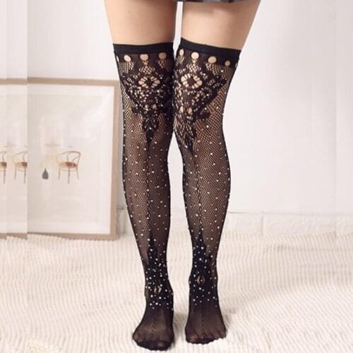 Lace Fishnet Stockings Women Summer Party Wear Long Socks Black Jacquard Sexy Stocking Glitter Carnival Diamond Stockings Female