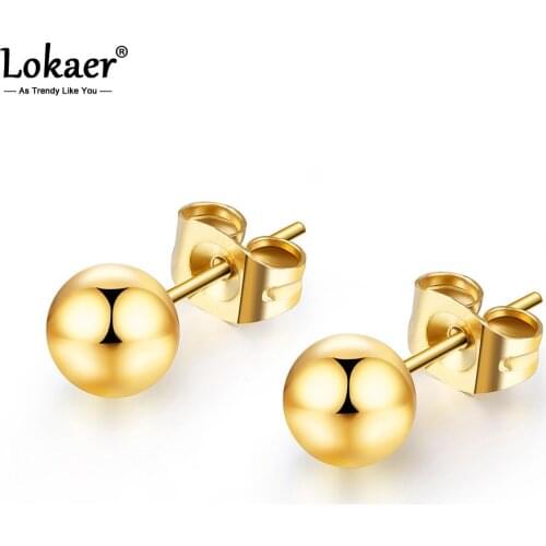 Lokaer Trendy Simple Style Rose Gold Color Stainless Steel Stud Earrings Sweet Cute Round Beads Earring Jewelry For Girl E18115