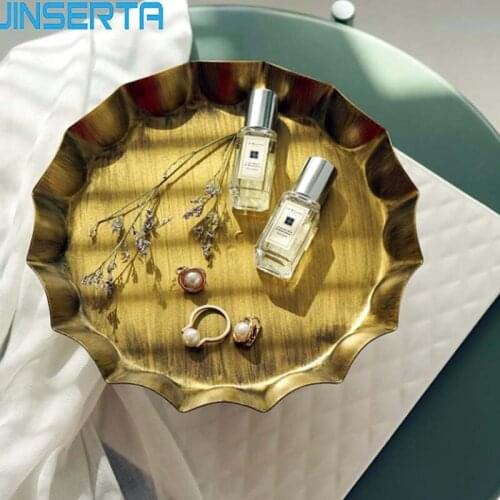 JINSERTA Metal Storage Tray Jewelry Display Plate Retro Gold Necklace Ring Earrings Display Tray Mirror Decoration Organizer
