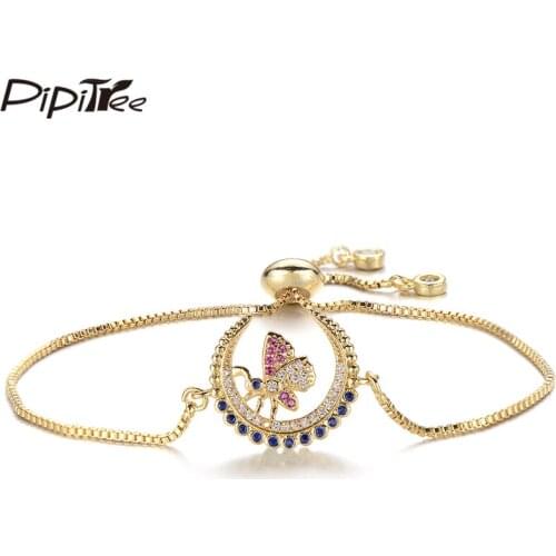 Pipitree Fashion Moon Charm Bracelet with Butterfly Austrian CZ Zircon Bracelets for Women Lady Adjustable Chain Jewelry Gift
