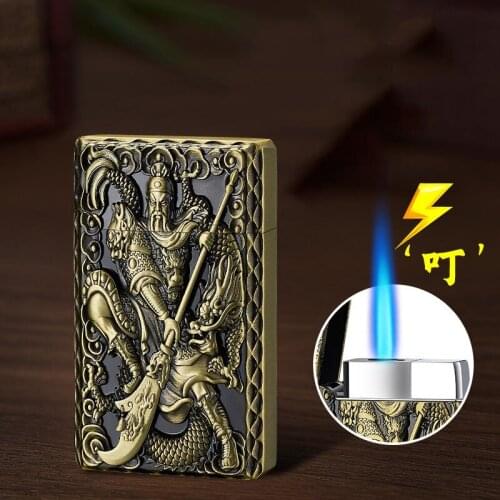Novelty Butane Gas Inflating Jet Lighter Metal Embossed Guan Yu Steel Cigar Lighters Smoking Cigarettes Gift Male Kitchen Tool