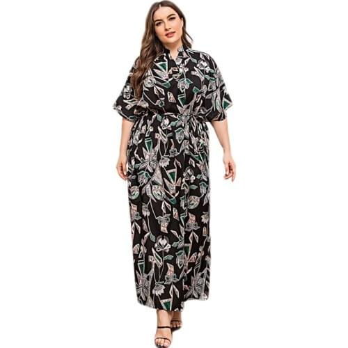 New Vintage Summer Muslim Women Long Dress Floral Printed Batwing Sleeve Arab Maxi Robe Middle East Dubai Kaftan Casual Turkish