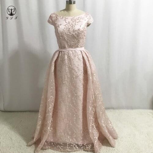 New Arrival Light Pink Scoop Short Sleeve A Line Lace Prom Dresses with Overskirt