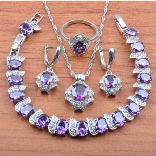 Top Quality Purple Crystal Silver Color Jewelry Set For Women Earrings Necklace Pendant Rings Bracelet Set JS0486