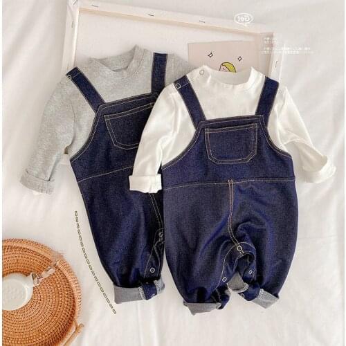 Autumn Baby Rompers Strap Fake Two-piece Kids Clothes Long Sleeve Knitted Soft Denim One-piece Jumpsuits Suit Boys Girls Clothes