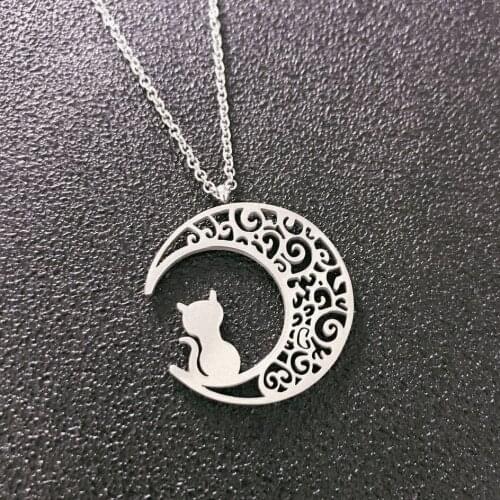 FOXCRAFT 316L stianless steel Smart Moon Cat Necklace Women Chainbone Chain Female Model Lovely Sweet Collar statement Necklace