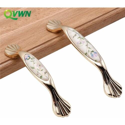QVWN Modern Simple Golden Porcelain Handle Hardware Cabinet Knobs And Kitchen Handles For Furniture Drawer Solid Zinc Alloy Door