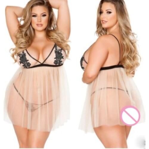 Plus Size Sexi Women Pajama Sexy Lingerie Mesh Transparent Sex Erotic Underwear Ladies Embroidery See Through Suspenders Dress