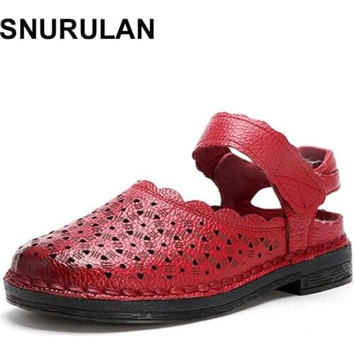 SNURULAN Womens Sandals 2020 Summer Genuine Leather Handmade Female Shoes Leather Sandals Women Retro Style Casual Mother Shoe