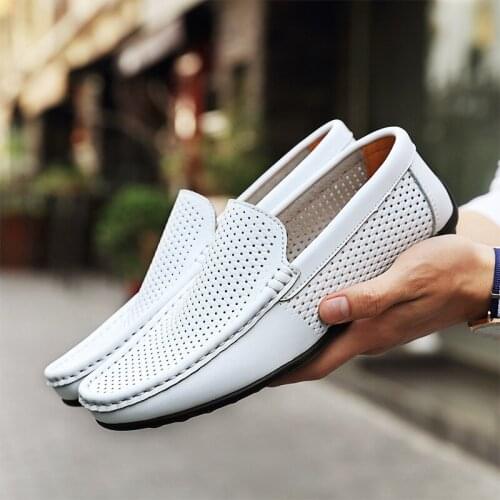 Summer Genuine Mens Shoes Casual Luxury Brand Men Loafers Hollow Out Breathable Driving Shoes Slip On Moccasins