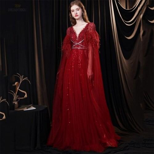 Evening Dresses A-Line Tulle Sleeveless Evening Gown Beading Feathers Evening Dress with 2m Length Wrap