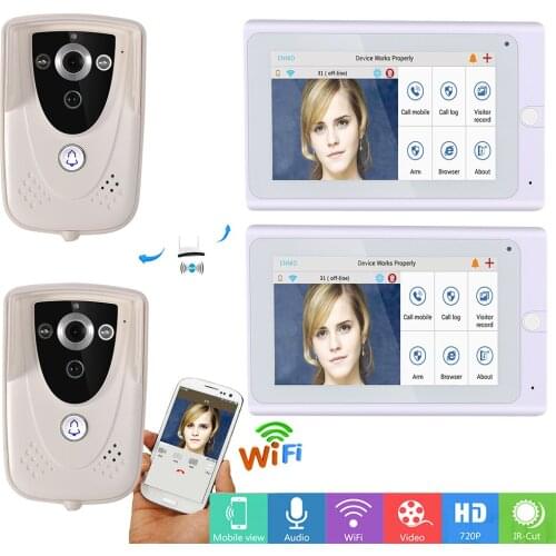 720P 7" TFT WiFi Wireless Video DoorPhone intercom Doorbell Camera PIR IR Night Vision with 2 monitor 2 Outdoor camera