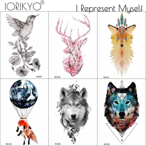 IORIKYO Flower Deer Temporary Tattoo Stickers Women Body Art Painting Waterproof Tatoo Men Arm Moose Tattoo Supplies Tribal Wolf