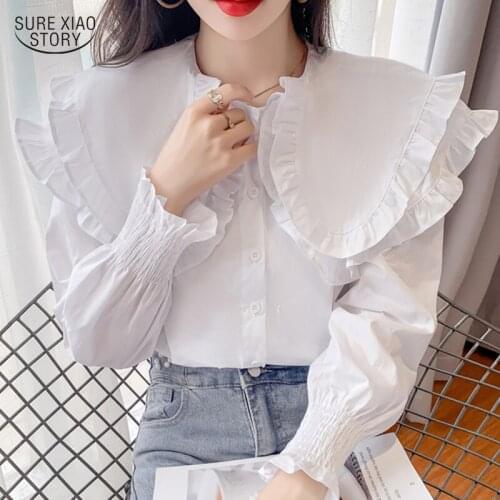 2021 Loose Elegant Shirt Fashion Gentle Button Long Sleeve Tops Korean Sweet White Blouse Women Double Layer Ruffle Blouse 16966