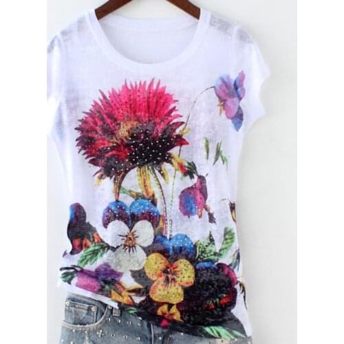 Plus size 5XL!2020 summer new fashion hot drilling t-shirt women peony double printed short sleeve silk cotton top tees