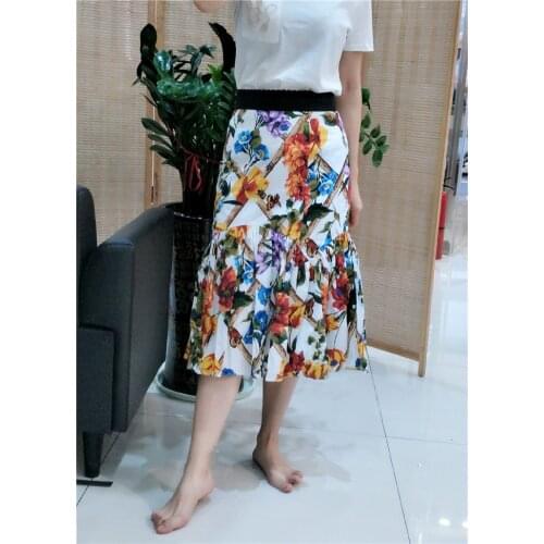 Women Plus Size 3XS-10XL Casual Flower and Butterfly Printing Bodycon Knee Length Mermaid Chiffon Skirt White/Apricot/Blue