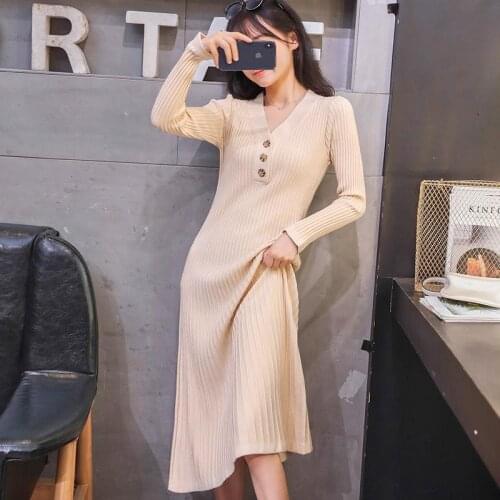 Women 2021 Autumn Winter New Mid-long Sweater Vestidos Female Slim V-neck Long Sleeve Dresses Ladies Loose Sweater Dress V568