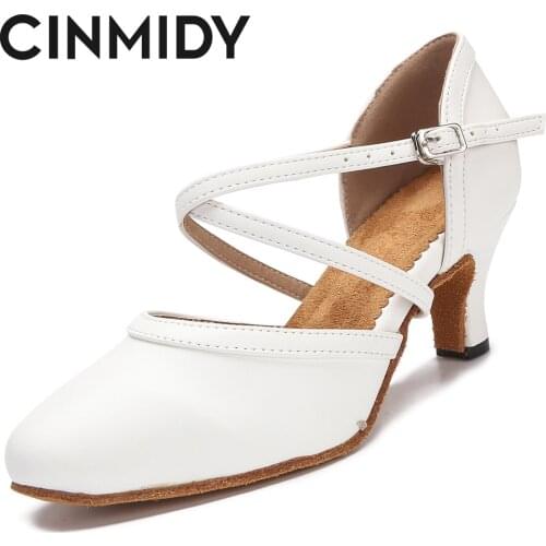 CINMIDY New Womens Leather Shoe Latin Tango Salsa Ballroom Soft Bottom Dance Shoes Ladies Black/White Wedding High Heels