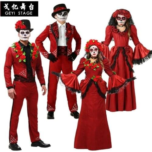 Adult Women Halloween Day Dead Costume Ladies Bridal Long Sleeves Black Scary Skeleton Skull Joker Cosplay Dress Plus for men