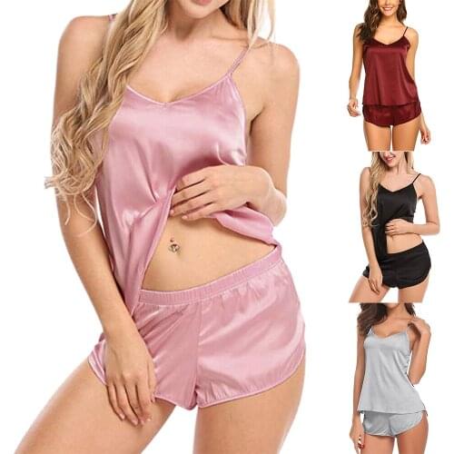 Women Sexy Silky Satin Cami Pajama Set Spaghetti Sleeveless Vest Tank Ultra Soft Lingerie Classic Elegant Vintage Sleepwear Suit