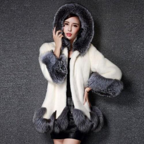 Winter Womens New Whole Mink Fox Fur Mink Hair Long Hooded Slim-Fit Imitation Fur Coat Jacket