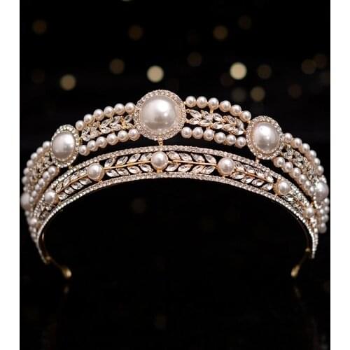 Baroque Retro Crystal Pearls Round Bridal Tiaras Crown Noble Rhinestone Pageant Diadem Bride Headbands Wedding Hair Accessories
